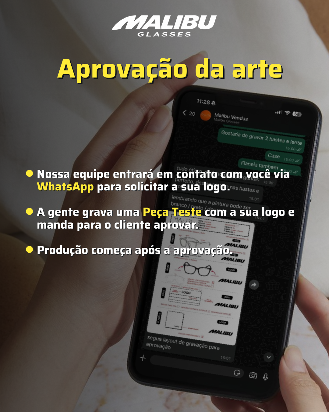 Aprova&ccedil;&atilde;o antes da produ&ccedil;&atilde;o  Para garantir que sua marca fique exatamente como voc&ecirc; deseja, realizamos uma etapa de aprova&ccedil;&atilde;o antes da produ&ccedil;&atilde;o.  Nossa equipe solicita sua logo e cria um layout ou pe&ccedil;a teste com a grava&ccedil;&atilde;o da marca.  Esse material &eacute; enviado ao cliente para aprova&ccedil;&atilde;o.  Somente ap&oacute;s a confirma&ccedil;&atilde;o iniciamos a produ&ccedil;&atilde;o do pedido.