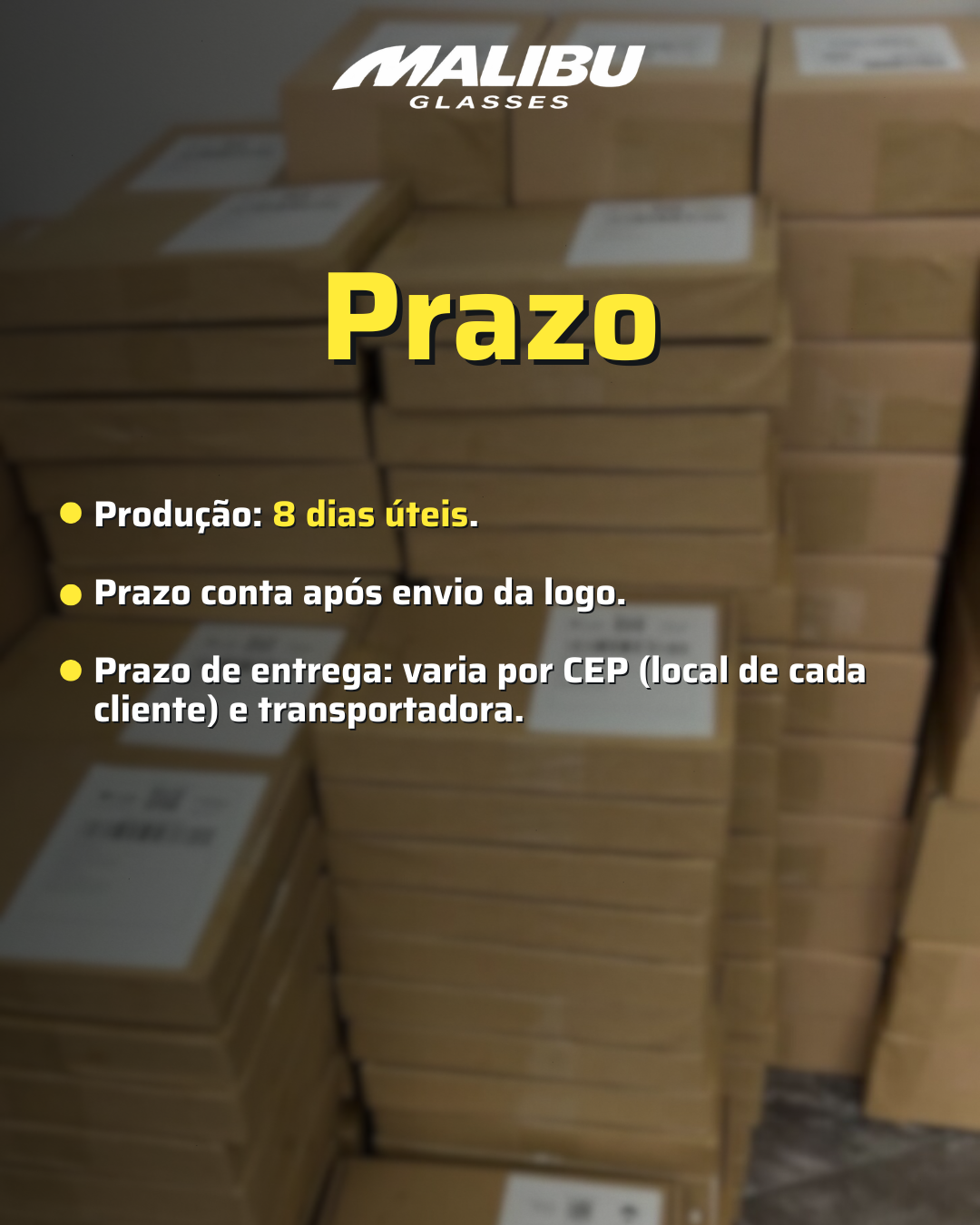 Prazo de produ&ccedil;&atilde;o  O prazo de produ&ccedil;&atilde;o dos pedidos personalizados &eacute; de at&eacute; 8 dias &uacute;teis.  Esse prazo come&ccedil;a a contar ap&oacute;s o envio da logo e aprova&ccedil;&atilde;o da arte pelo cliente.  O prazo de entrega pode variar de acordo com o CEP do destino e a transportadora utilizada.