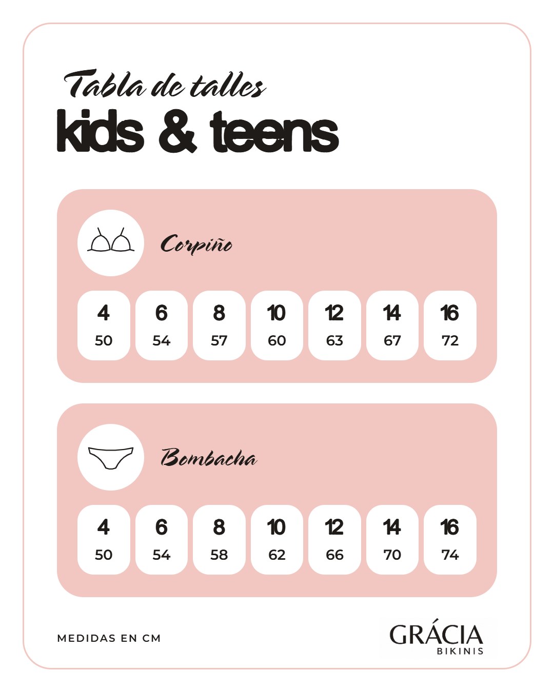 Tabla de talles bikinis kids & teens