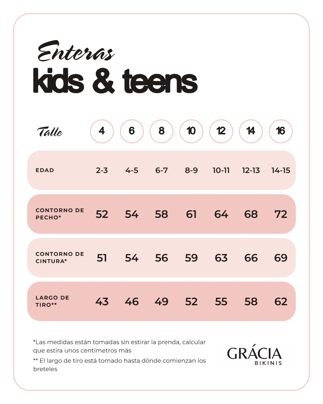 Tabla de talles enteras kids & teens