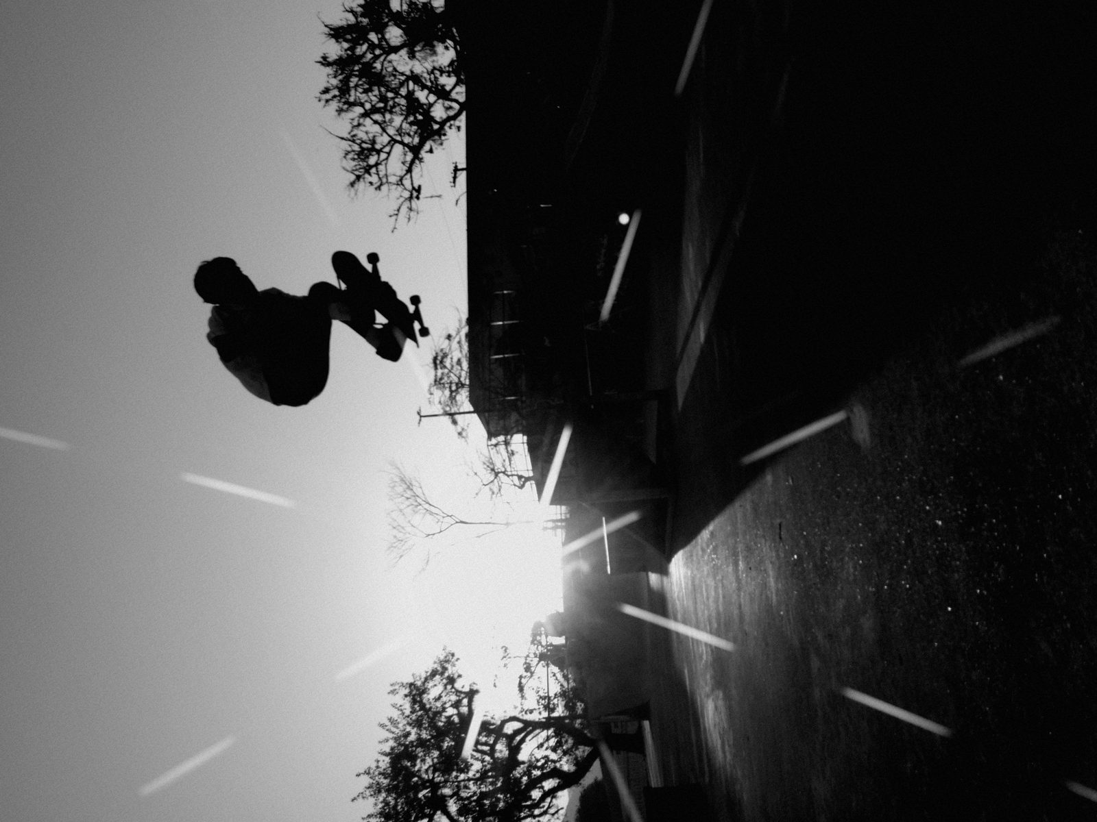 Manobra de skate no ar contra a luz do sol, feita por @mini_feed com o filtro F8 da ALT Special Edition