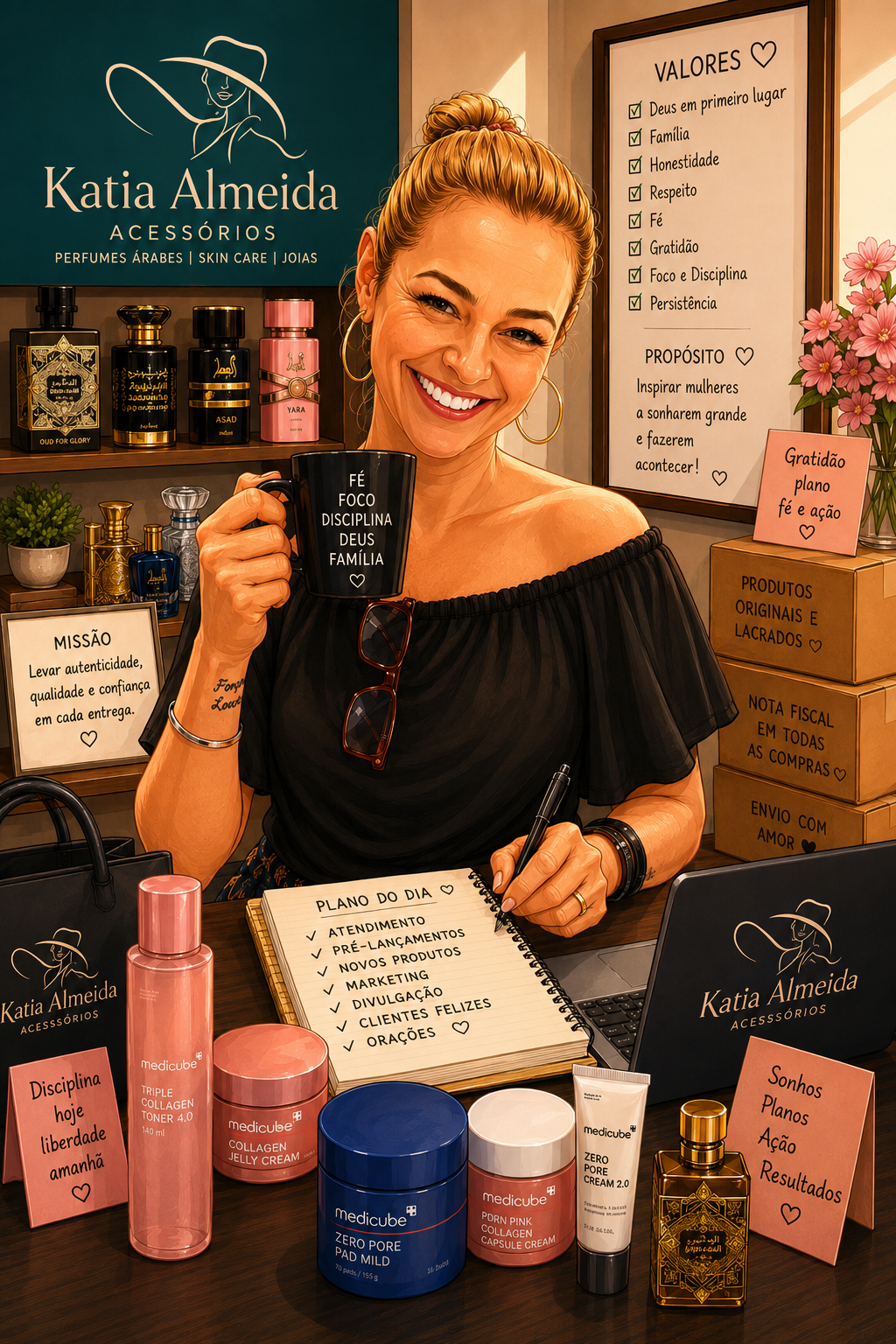 Katia Almeida, fundadora e curadora de perfumes árabes originais da Katia Almeida Acessórios, em seu escritório com fragrâncias e produtos de skincare