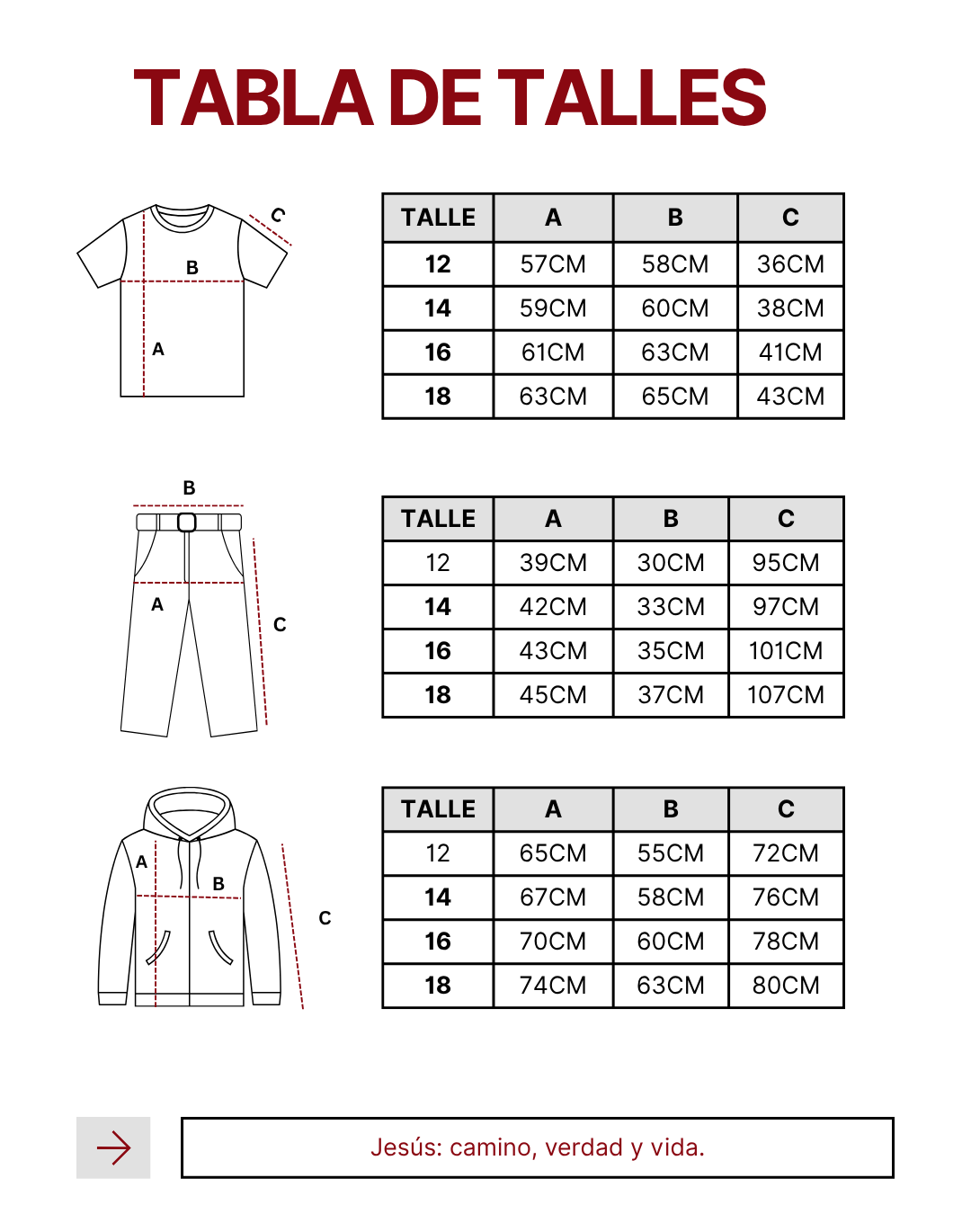 Guia de talles, cada medida es aproximada en centimetros.