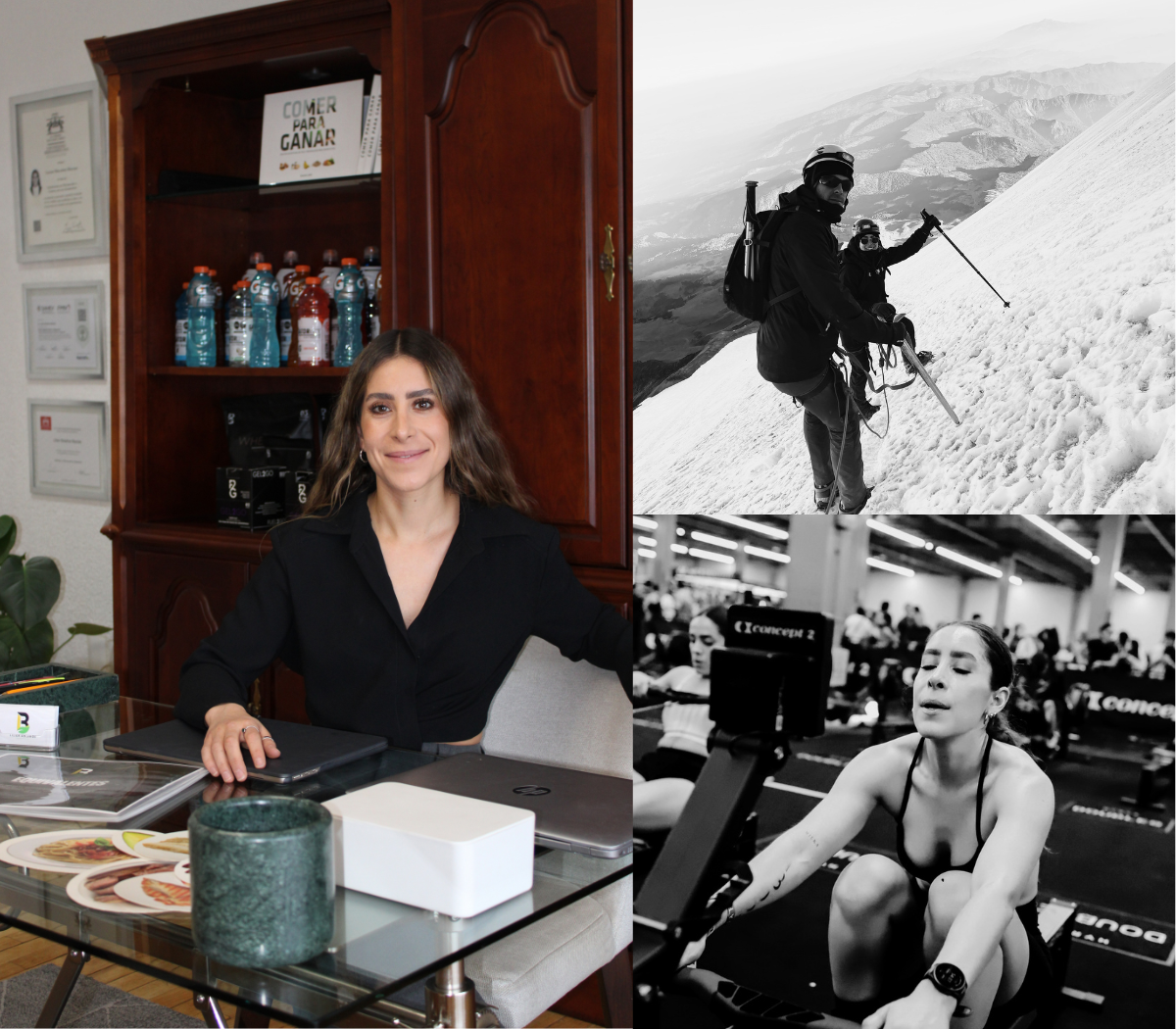 Nutriologa Lilian Bolaños en su consultorio, en la montaña y en una competencia de hyrox