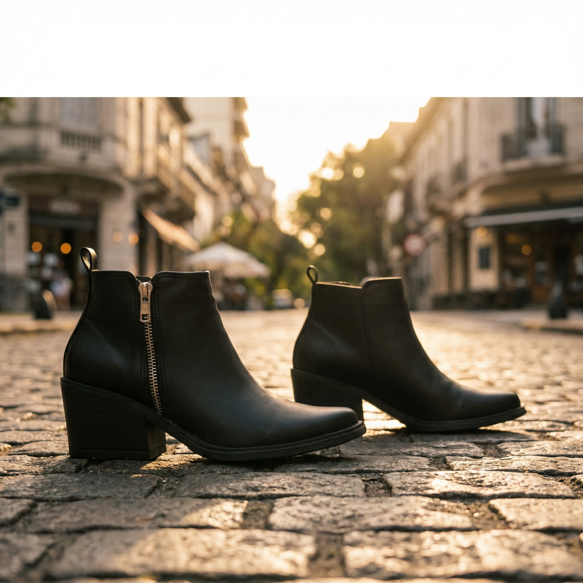Botas Wesley negras en adoquines de Buenos Aires, hora dorada