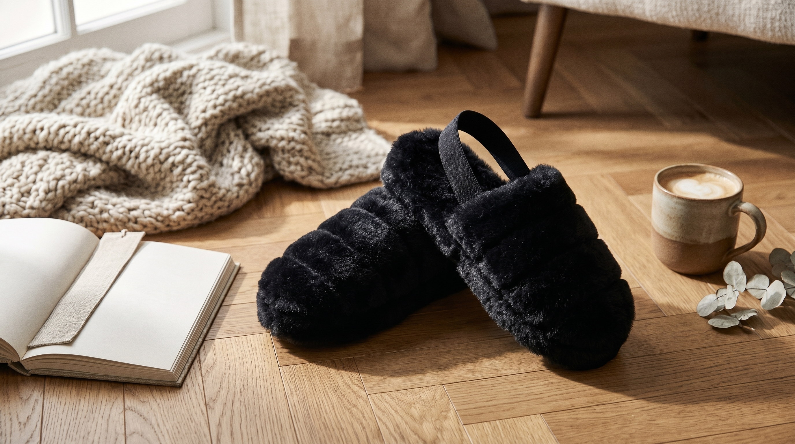 Pantuflas Celine negras en rincón acogedor con manta de knit y taza de café