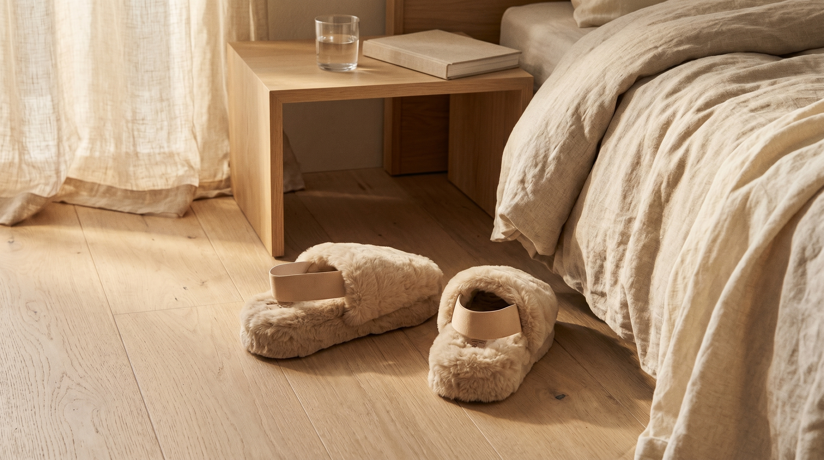 Pantuflas Celine crema al pie de una cama con lino natural y luz matinal