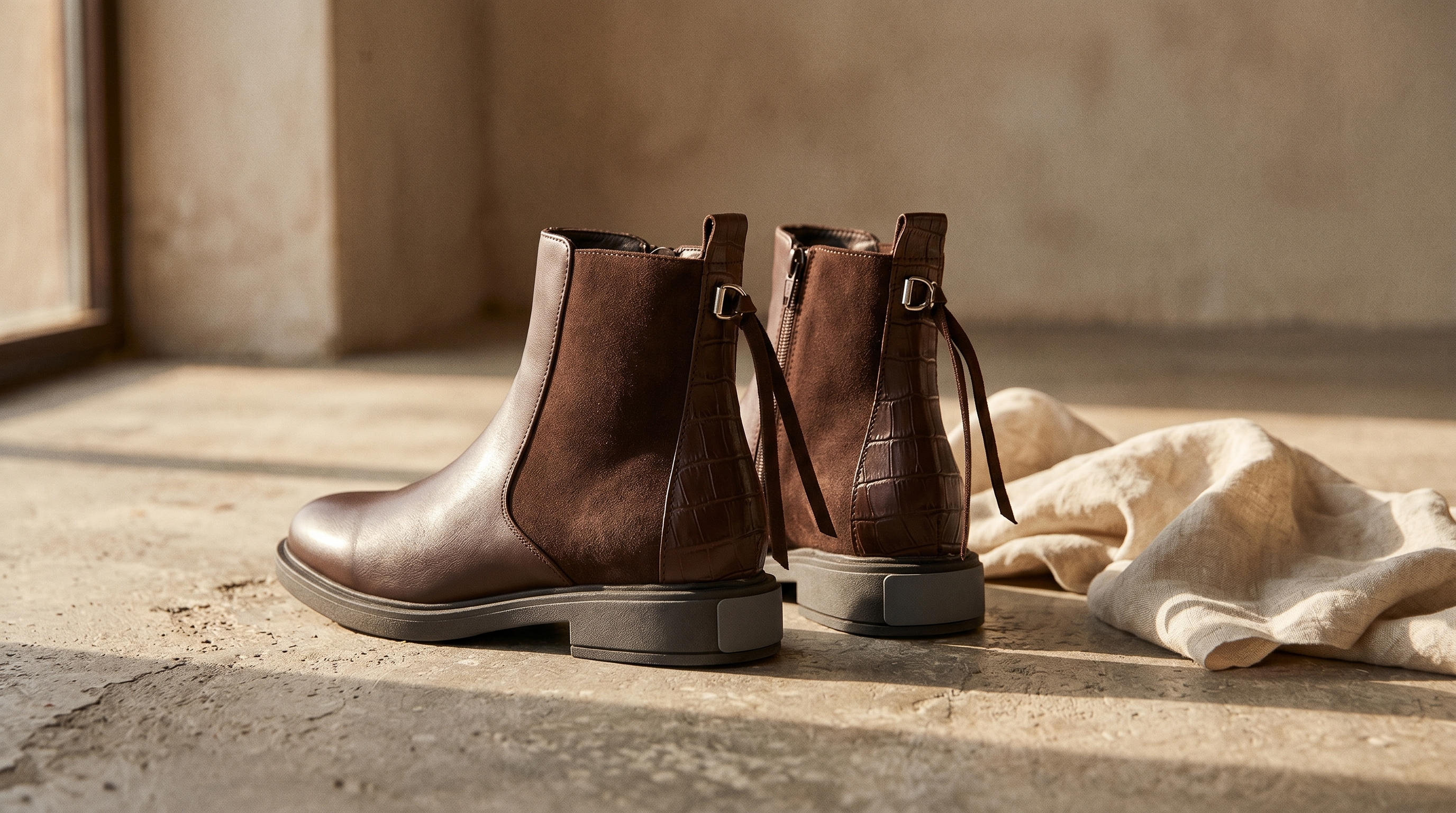 Botas Charo en choco, still life editorial con lino cream