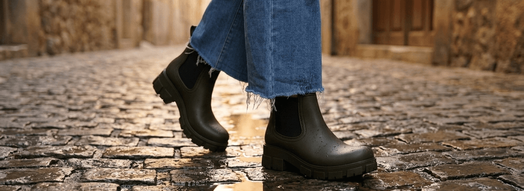 Botas Rain Classic oliva sobre calle empedrada europea bajo lluvia ligera, ambiente cinematográfico al atardecer