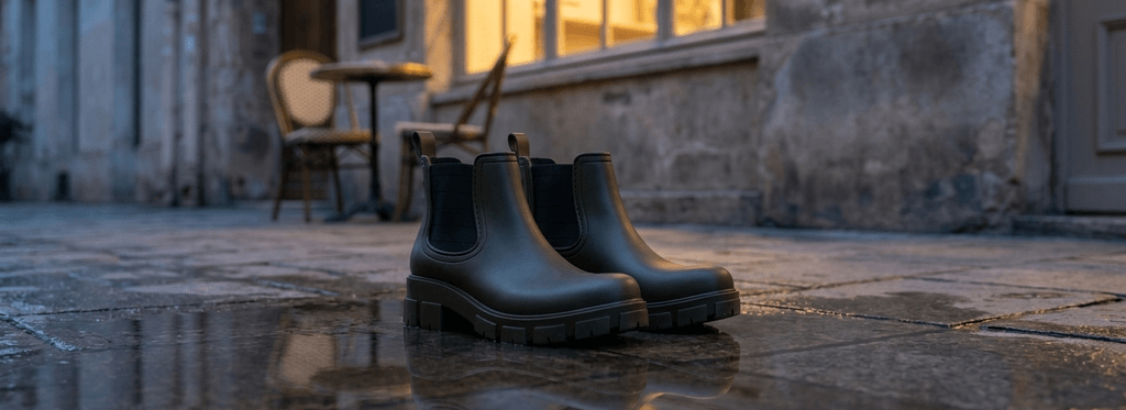 Par de botas Rain Classic oliva frente a café europeo al anochecer, baldosas mojadas con reflejo de luz cálida