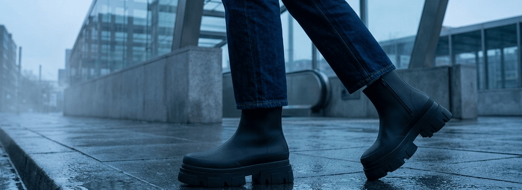 Botas Rain Power negras chunky pisando concreto urbano húmedo en salida de subte, luz fría al amanecer