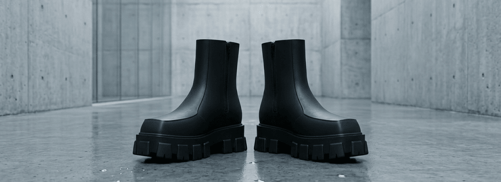 Par de botas Rain Power negras sobre concreto pulido en interior brutalista, líneas arquitectónicas modernas