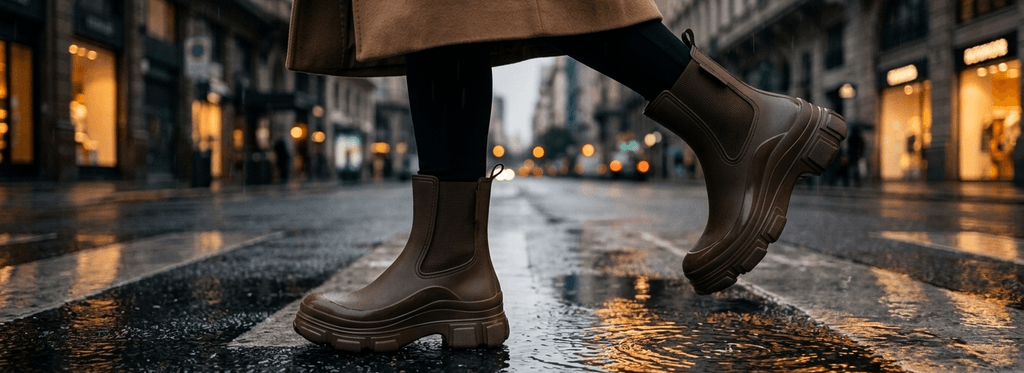 Botas Rain Valky chocolate cruzando avenida bajo lluvia con charcos reflejando luces cálidas al atardecer