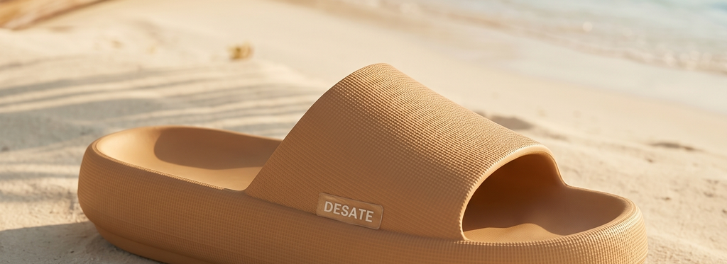 Sandalias Camille en un deck de madera frente al mar caribeño