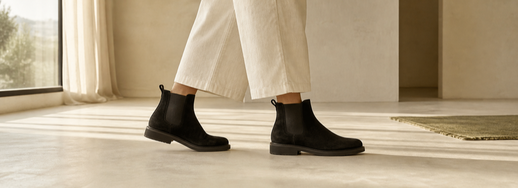 Botas Mara color Negro, cuero legítimo, contexto editorial loft minimalista