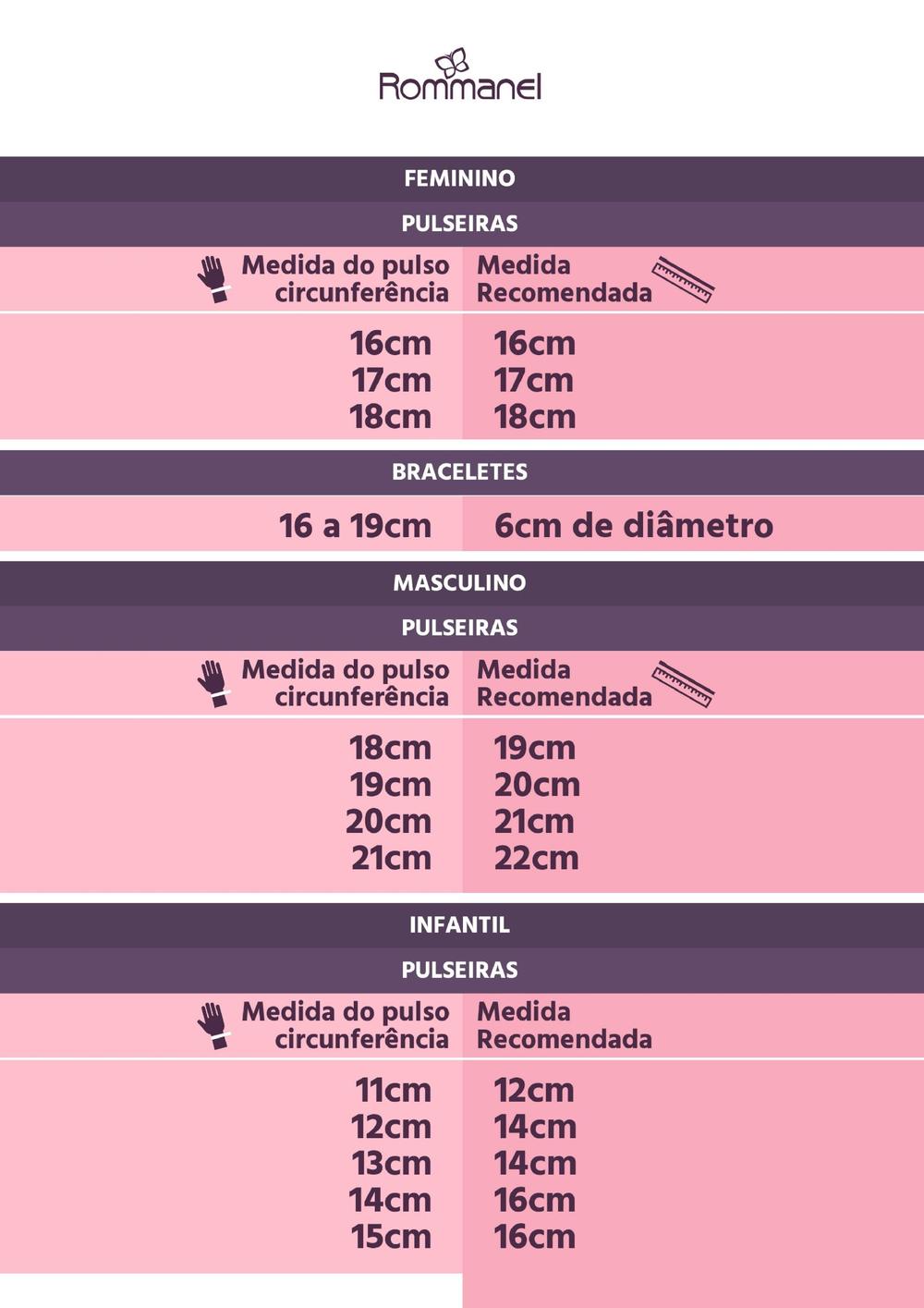 Tabela de medidas de pulseiras e braceletes feminino, masculino e infantil