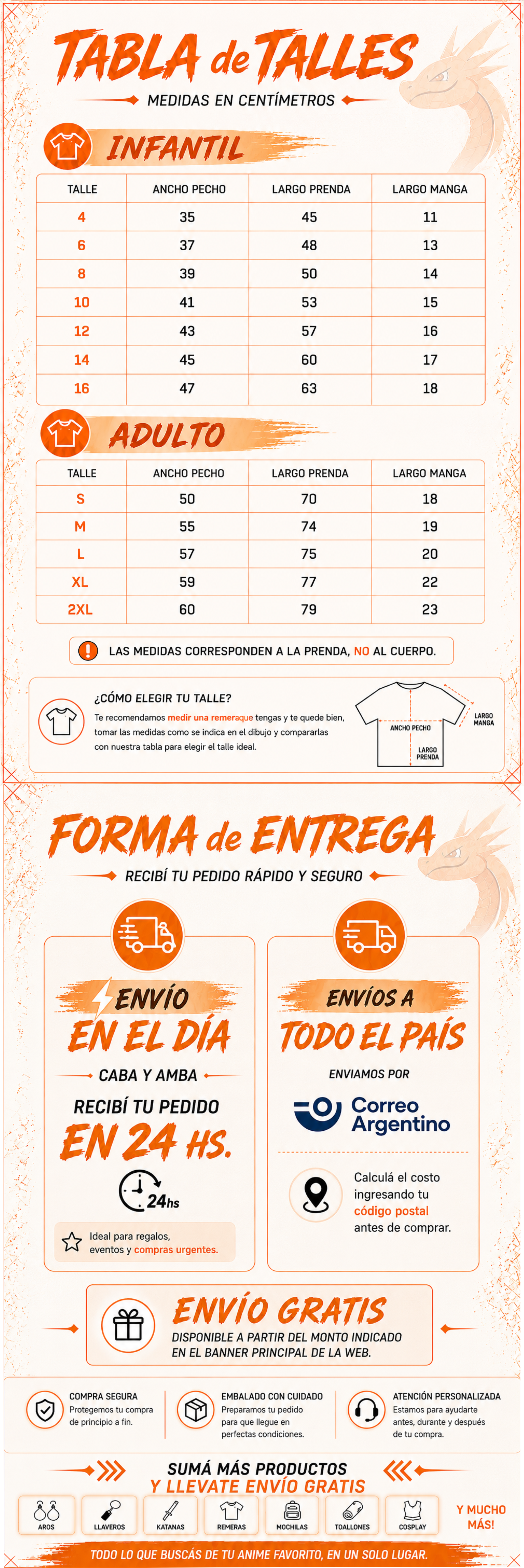 Tabla de talles remera Brook One Piece jujutsu Kaisen infantil y adulto