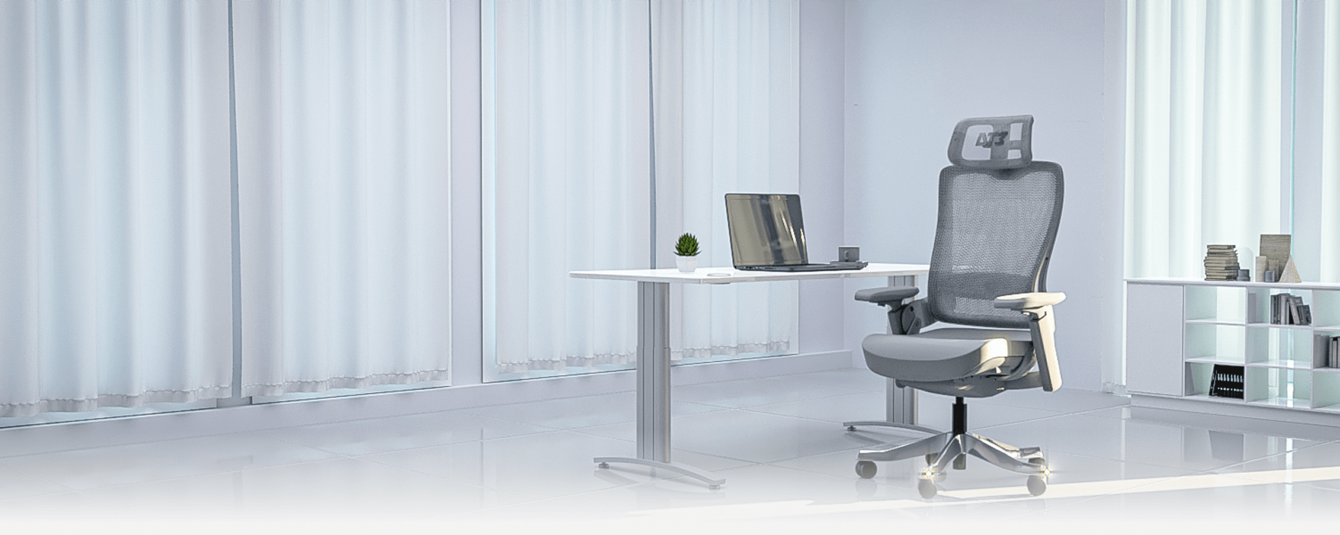 Cadeira Adria DT3 ambientada em escritório clean em tons neutros.