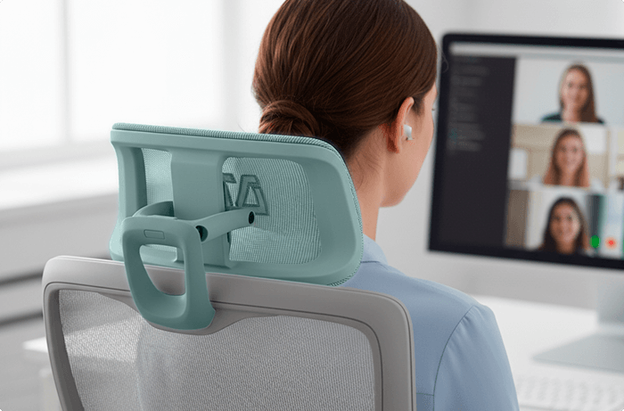 Adria DT3 ambientada em escritório com foco na parte traseira destacando o apoio de cabeça com ajustes de altura, profundidade e inclinação.