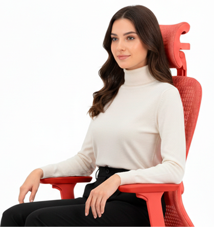 Cadeira Atria DT3 com mulher sentada ergonomicamente em fundo branco.