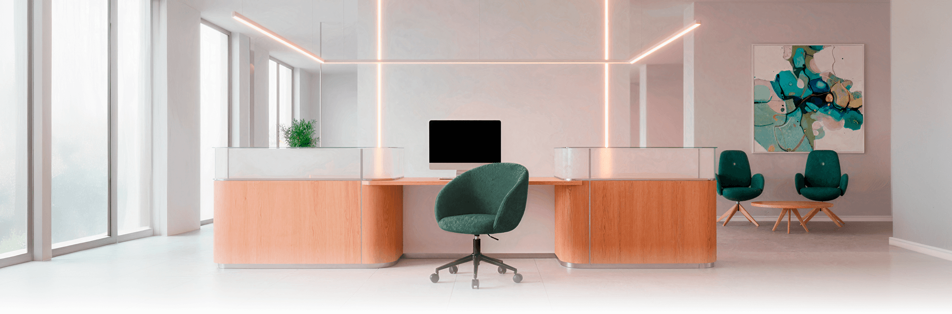 Cadeira Lizie DT3 ambientada em recepção corporativa moderna e bem iluminada.