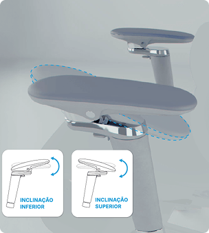 Ilustração 3D demonstrando o ajuste de inclinação do apoio de braço da DT3 Frost.