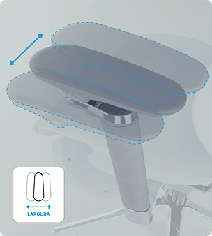  Ilustração 3D demonstrando o ajuste de largura do apoio de braço da DT3 Frost.