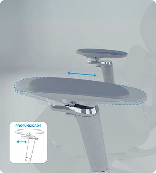 Ilustração 3D demonstrando o ajuste de profundidade do apoio de braço da DT3 Frost.