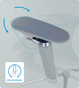  Ilustração 3D demonstrando o ajuste de rotação canto superior do apoio de braço da DT3 Frost.