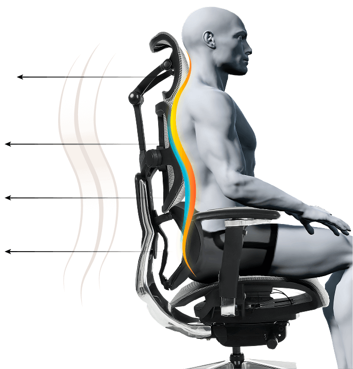 Ilustração 3D demonstrando o encaixe da ergonomico da coluna na DT3 Frost.