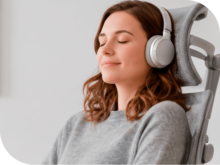 Cadeita Frost DT3 com mulher sentada aproximada na altura dos ombros demonstrando o apoio de cabeça.