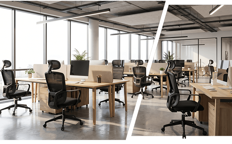 Escritório corporativo aberto equipado com múltiplas cadeiras ergonômicas DT3 Worka.