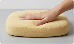 Imagem da espuma injetada de alta densidade com mão passando suavemente por ela demonstrando conforto. 