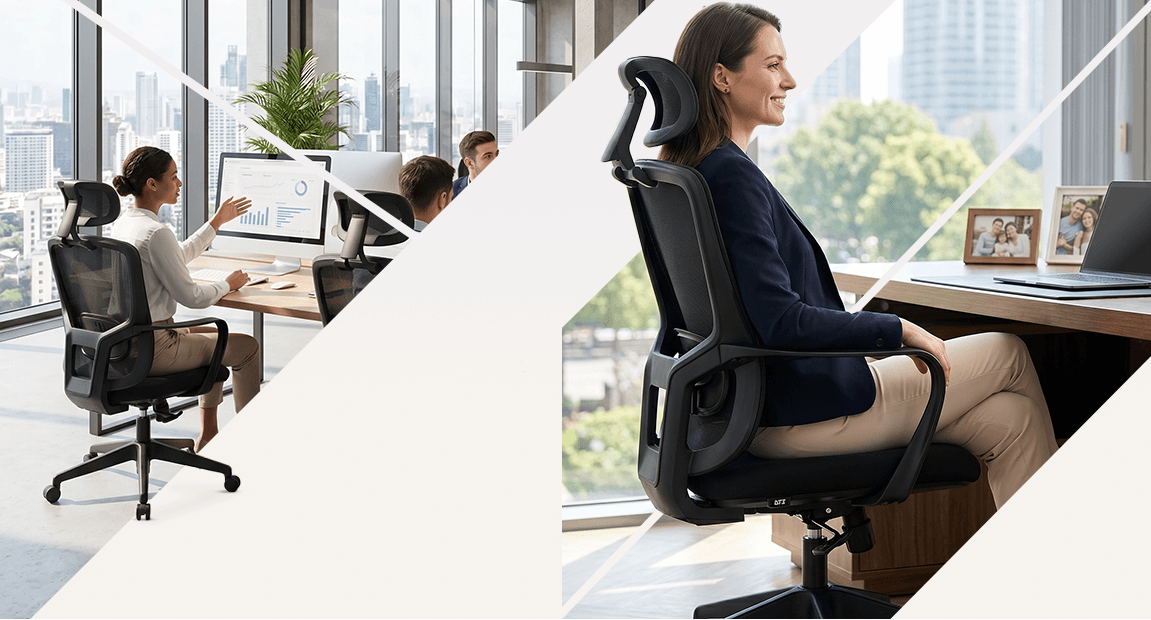 Mulher sentada na cadeira ergonômica DT3 Worka, em um escritório com iluminação natural.