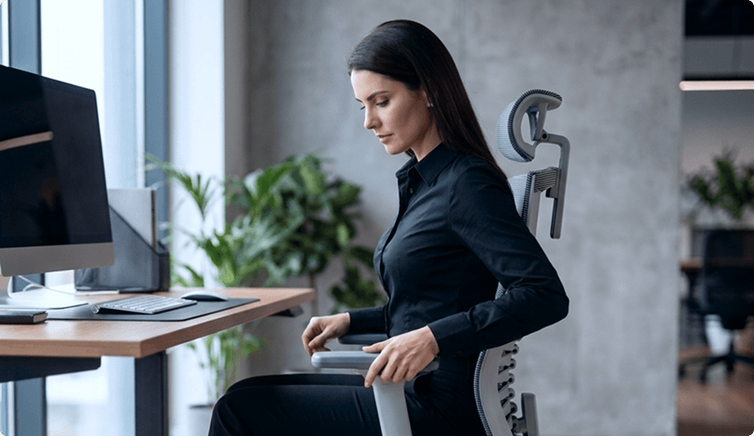 Mulher sentada com postura confiante na cadeira ergonômica DT3 Saros em escritório corporativo moderno