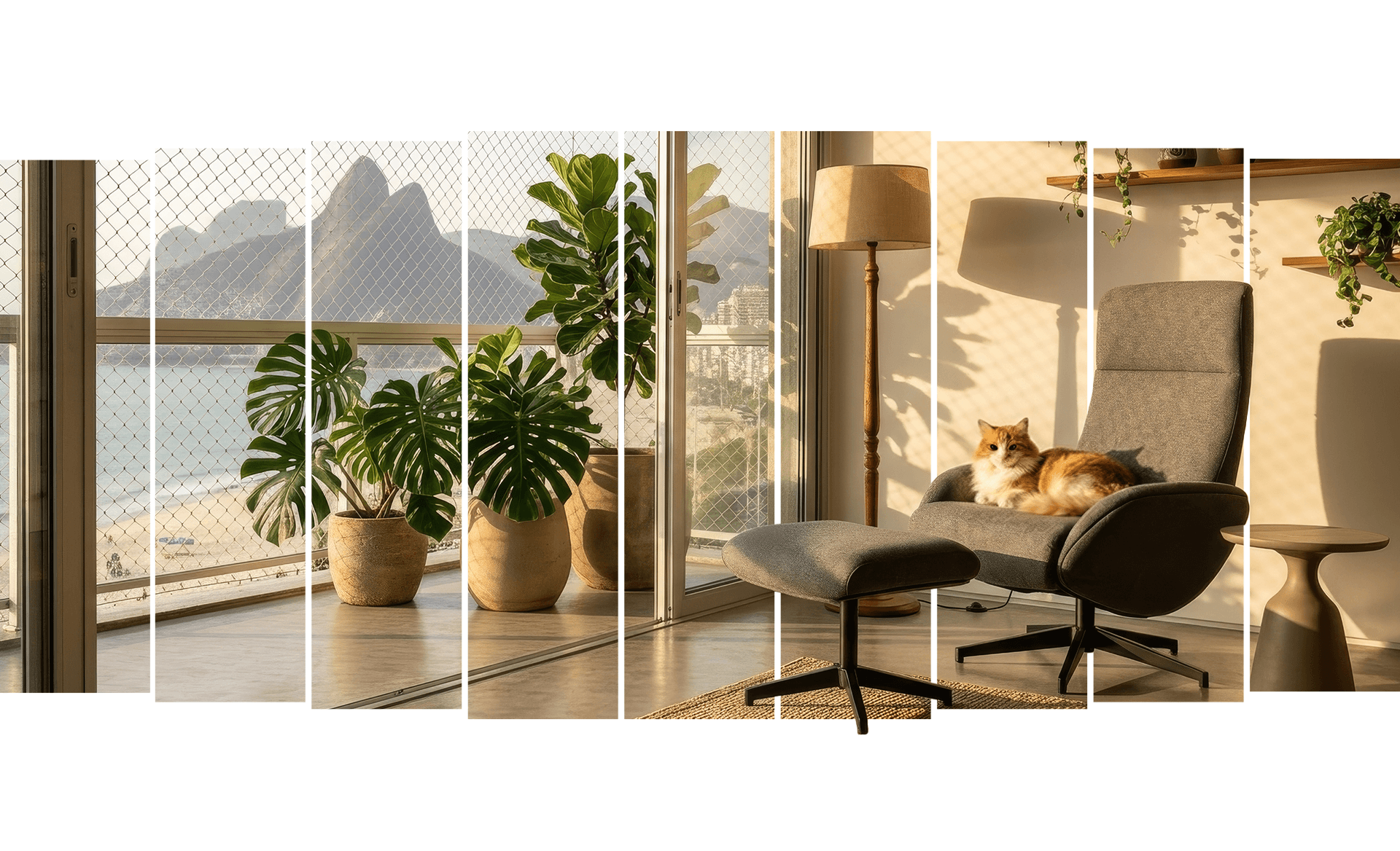 Poltrona DT3 Bossa com gato deitado no assento em sala com vista para o mar e plantas ao redor.