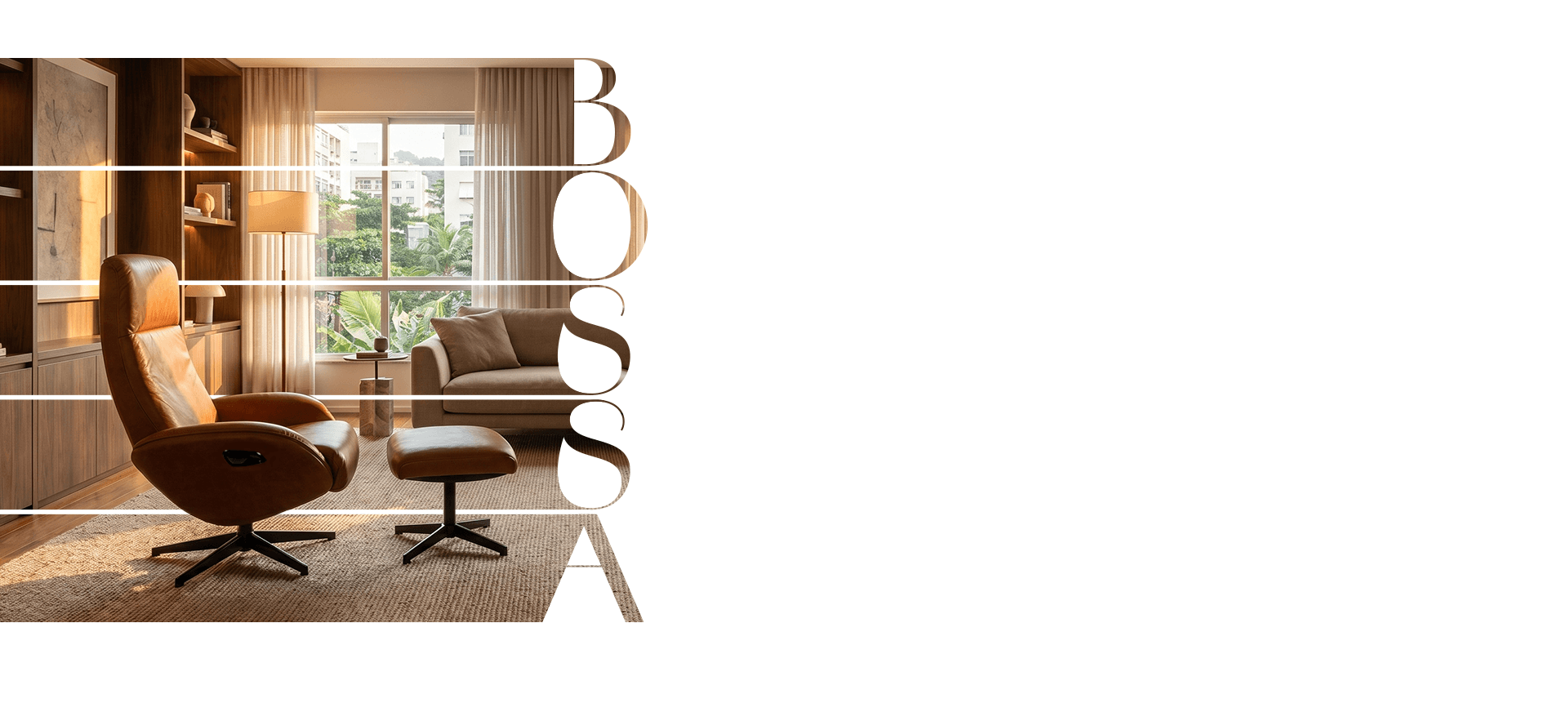 Poltrona DT3 Bossa com apoio de pé em sala de estar moderna com luz natural e vista para área verde.