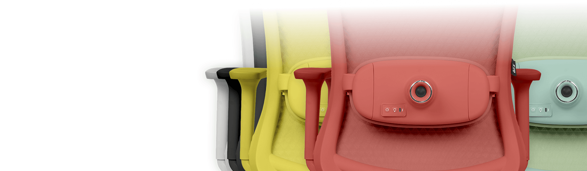 Alinhamento de cadeiras Atria DT3 em diversas cores (Ashen, Cool Black,Fresh Mint,Coral Red, Sunflower) com destaque para o massageador lombar Relax integrado ao encosto.