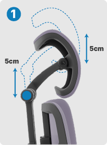 Ilustração 3D demonstrando o ajuste de altura do apoio de cabeça da DT3 Frost