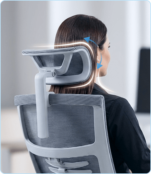 Vista traseira do apoio de cabeça com regulagem de ângulo da cadeira ergonômica DT3 Saros apoiando a região cervical.