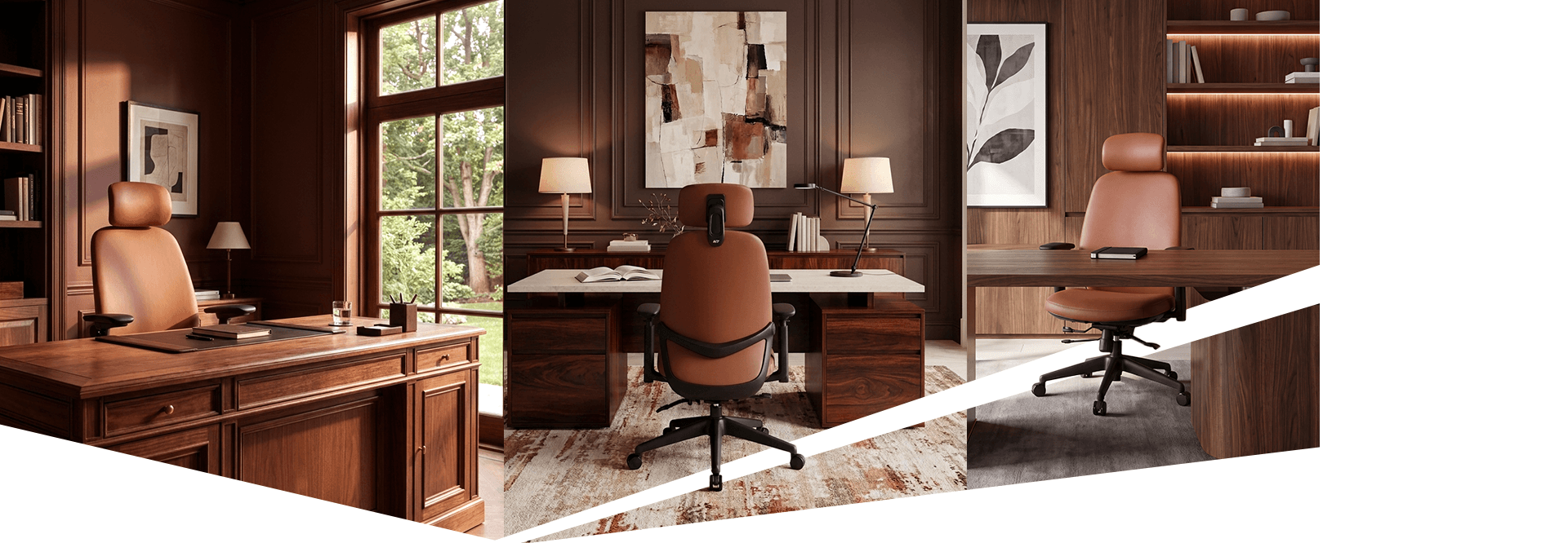 Cadeira Valen em três ambientes de home office com marcenaria em madeira escura