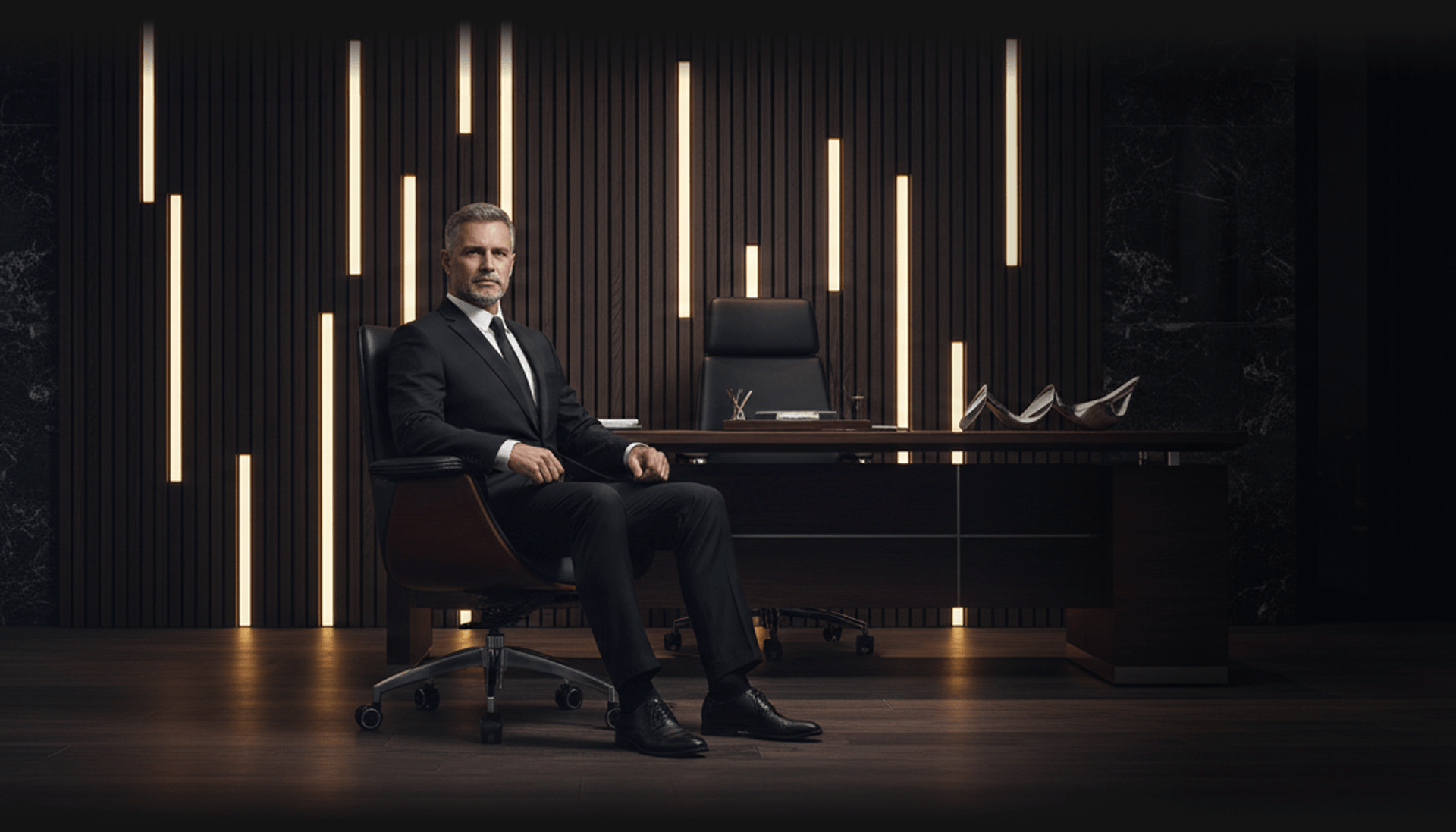 Banner horizontal de luxo apresentando um executivo sentado na cadeira DT3 Mielya MB em um escritório de alto padrão. O fundo é composto por painéis de madeira ripada com iluminação vertical em LED. No canto inferior direito, um quadro flutuante destaca: 'Design sofisticado', 'Presença marcante' e 'Elegância que conduz'.