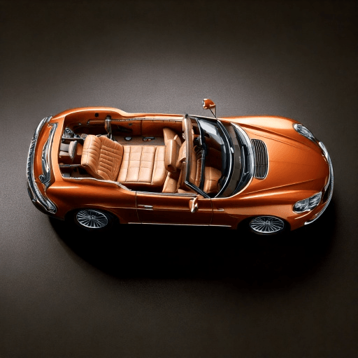 Bugatti conversivel laranja visto de cima, com interior em couro caramelo