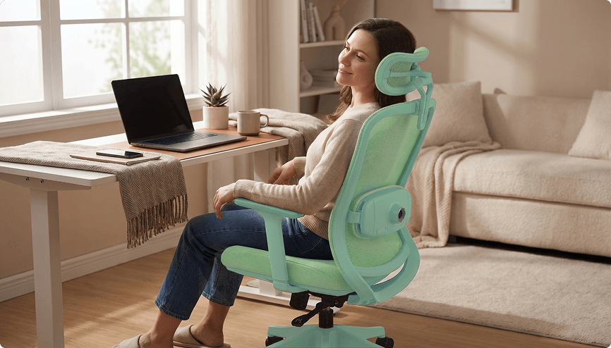 Mulher sentada confortavelmente na cadeira ergonômica Atria DT3, posicionada em um home office iluminado com mesa branca e notebook.