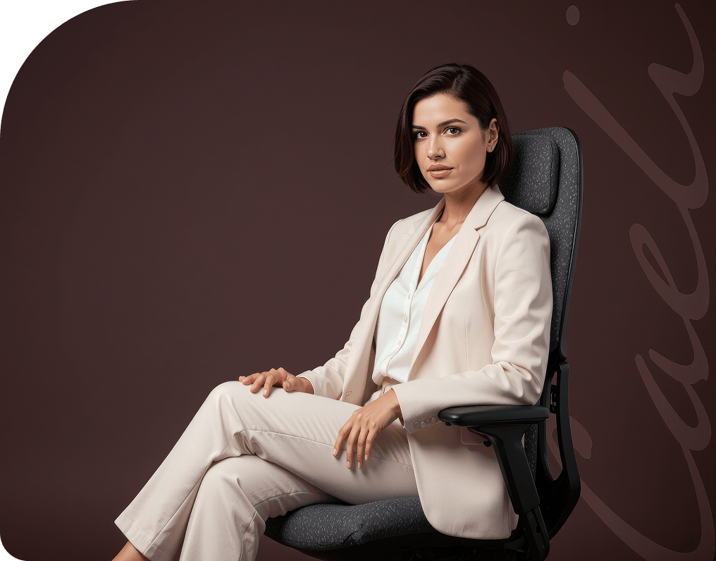 Mulher em traje executivo bege sentada com postura de liderança na cadeira presidente DT3 Caeli. Fundo marrom sólido com o texto 'Liderança e elegância em perfeita harmonia'.