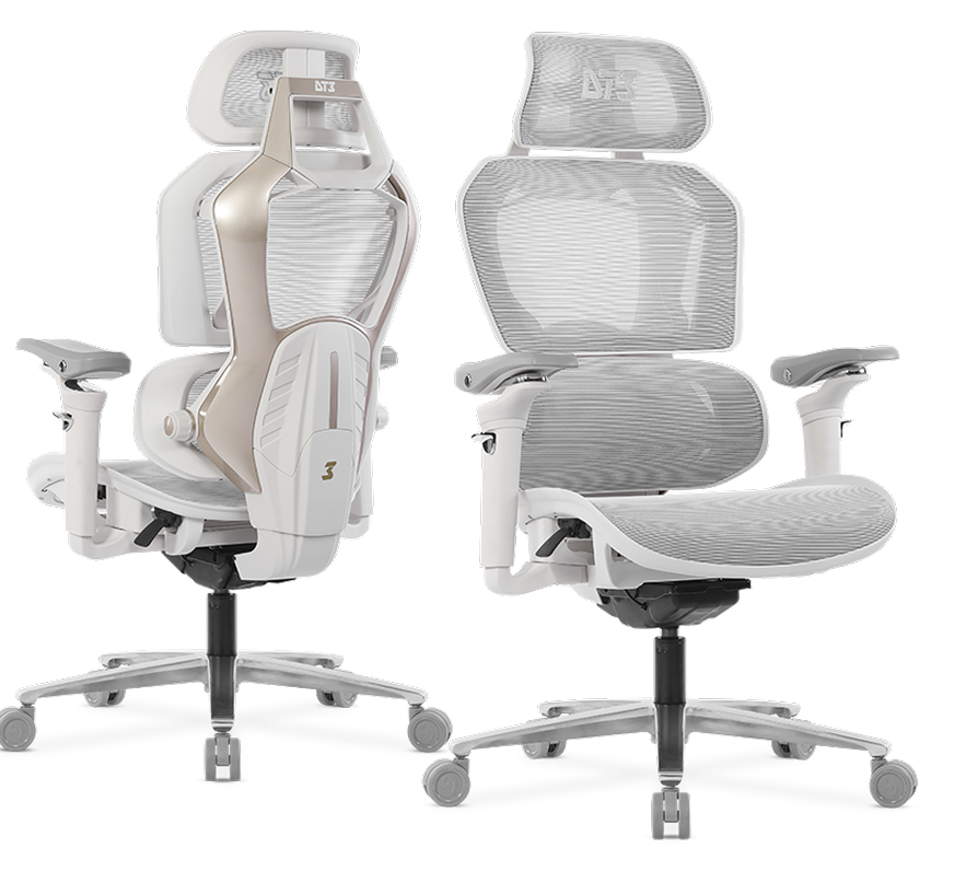 Cadeira Chrono na cor All White, vista de frente e de costas
