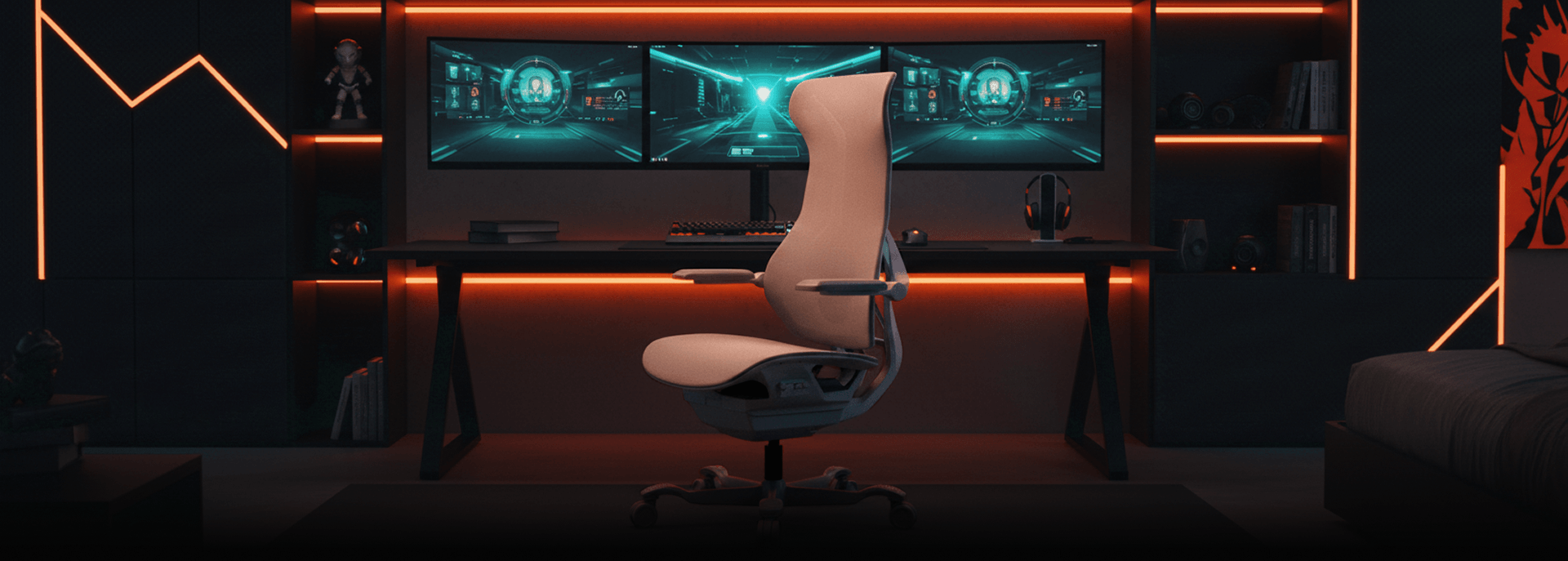 Cadeira gamer DT3 N7 Special Edition em ambiente de setup gamer high-tech com iluminação neon ciano.