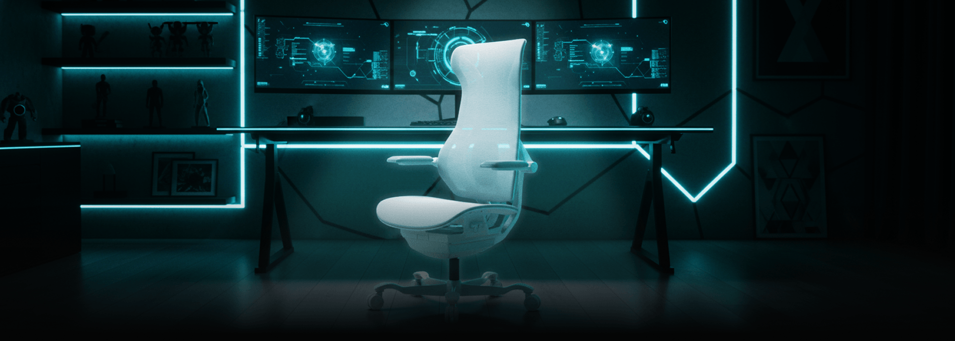 Cadeira gamer DT3 N7 Special Edition em ambiente de setup gamer high-tech com iluminação neon ciano.