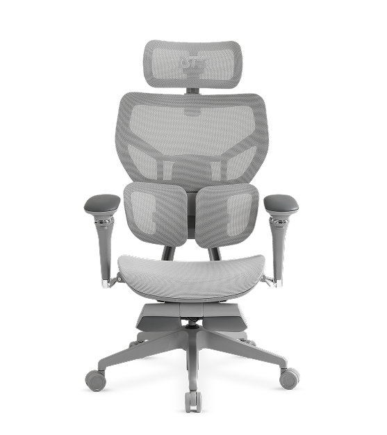 Render frontal da cadeira ergonômica Glacius em meio à paisagem de neve e montanhas