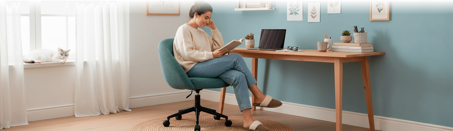 Cadeira Lizie DT3 Forest ambientada em home office acolhedor com mulher lendo um livro sentada de perna cruzadas. 